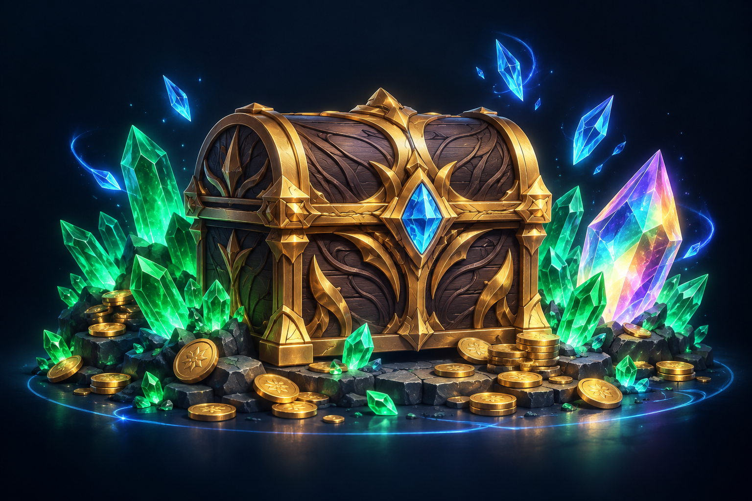 Original fantasy treasure chest with crystals, coins and energy shards